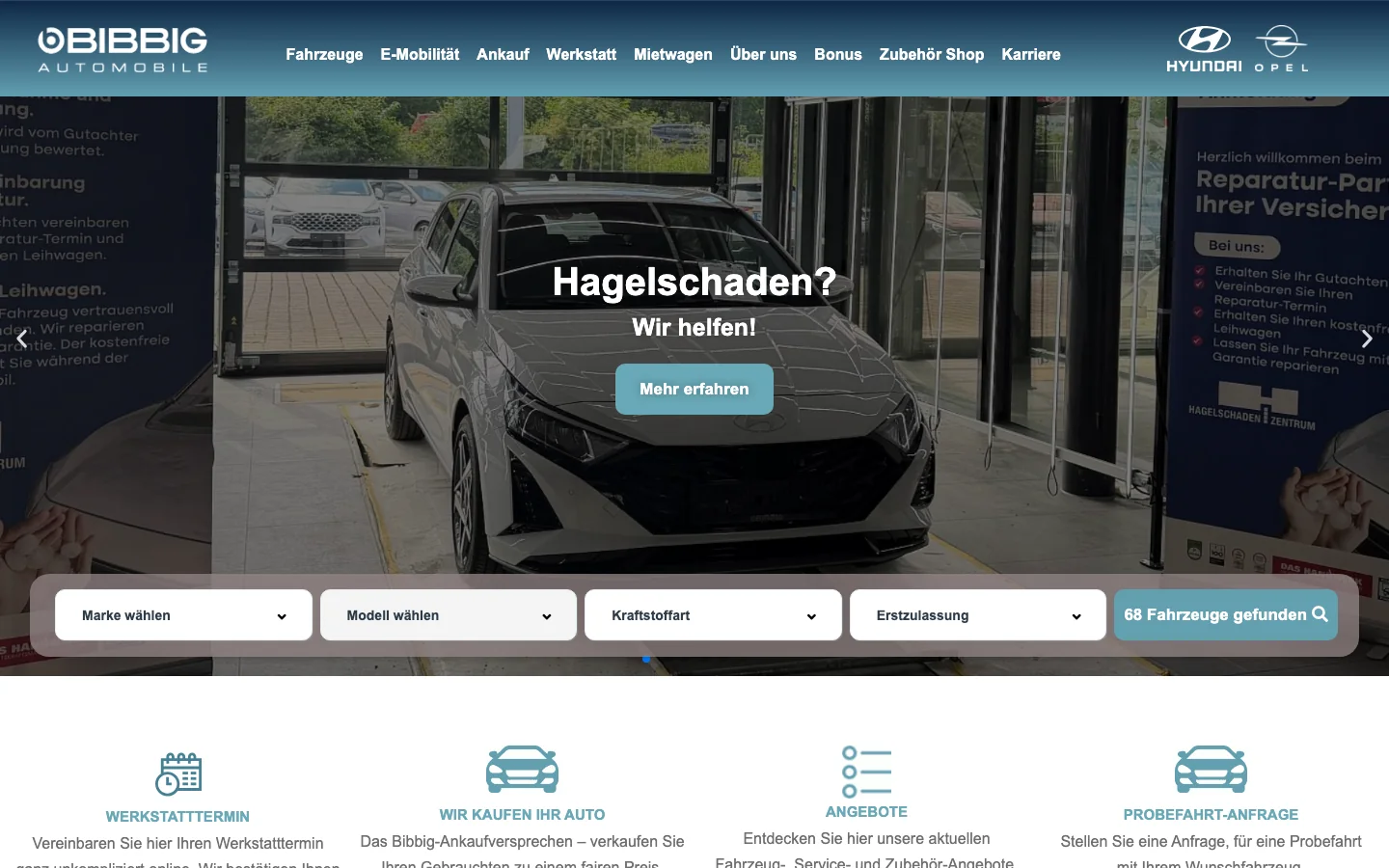 Startseite von Autohaus Bibbig in Vellmar mit Hyundai- und Opel-Fahrzeugen
